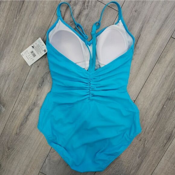 Gottex Tutti Frutti Tourqupise V-Neck Center Shirred One Piece Swimsuit size 12 - Picture 6 of 11